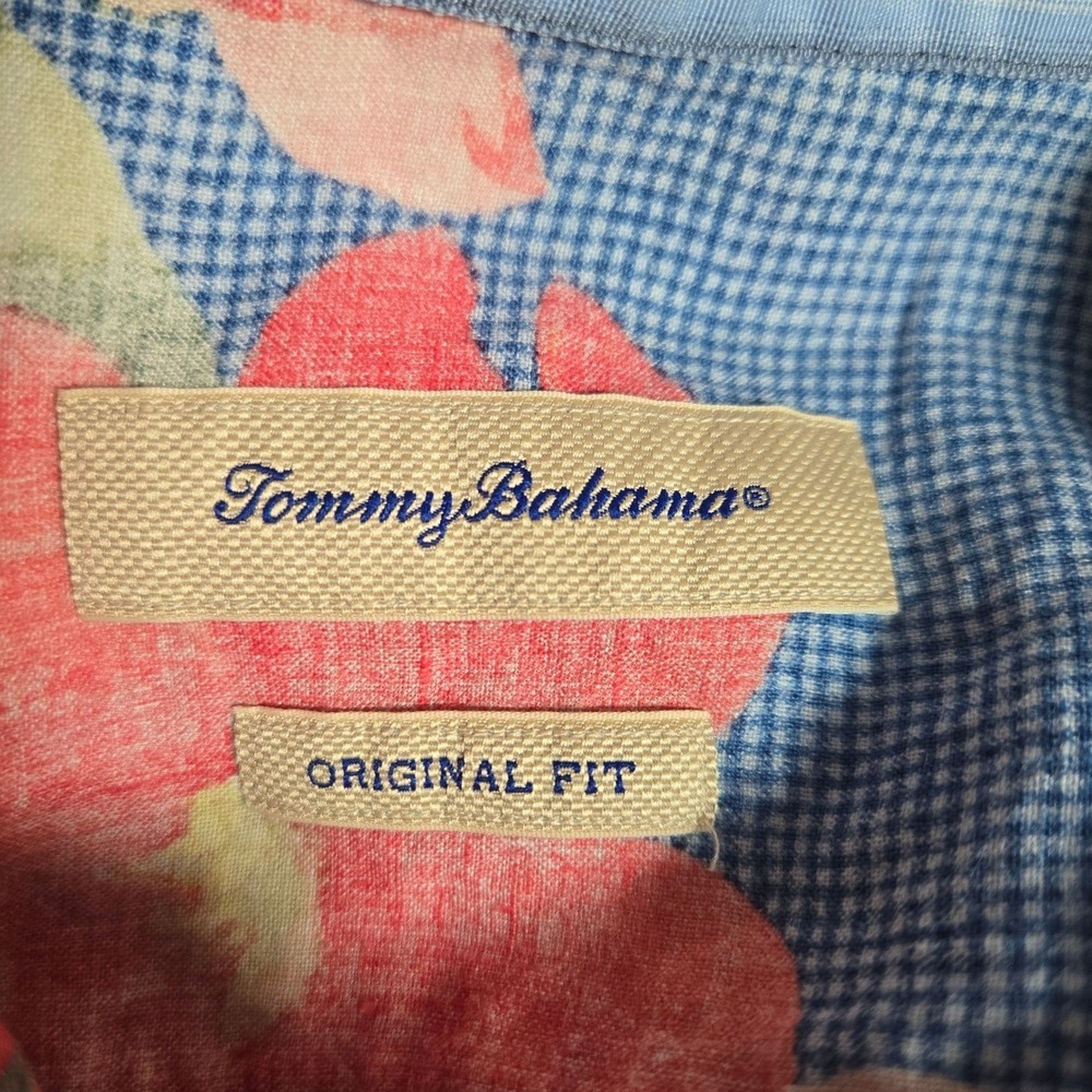 Tommy Bahama Shirt Mens Large Blue 100%‎ Linen Floral Hawaiian Origional Fit - Picture 3 of 8
